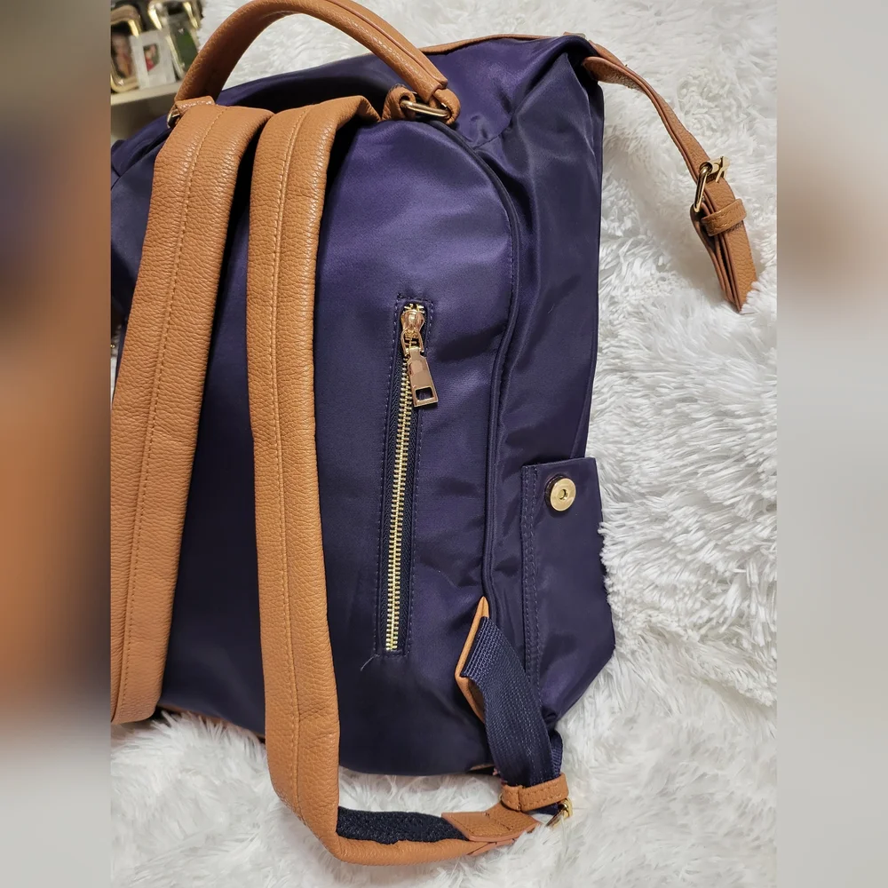 NEW! Tommy Bahama Navy Nylon Campus Backpack Tan Faux Leather Trim Handbag